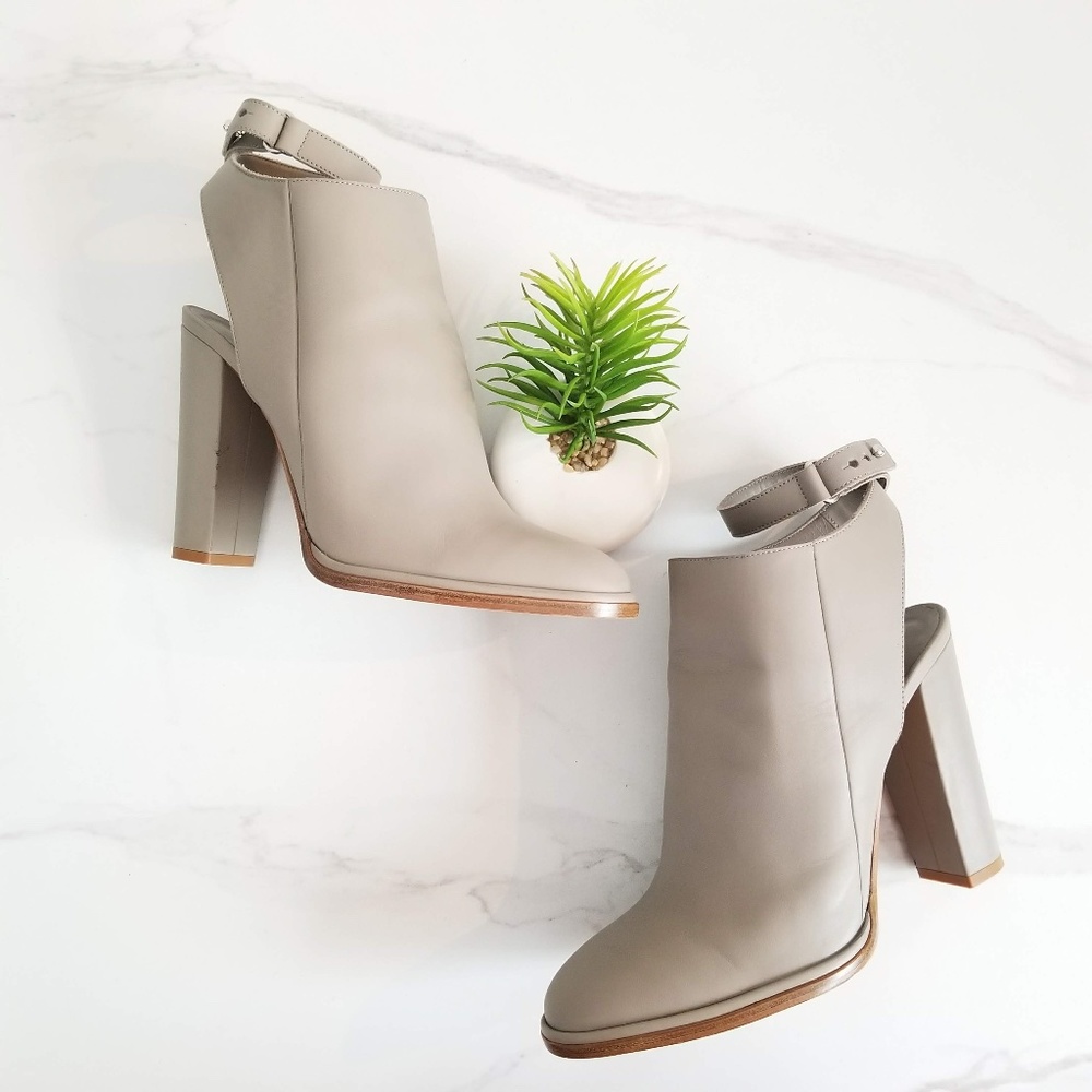 Vince Neutral Gray Open-Back Ankle Booties with Buckle Strap